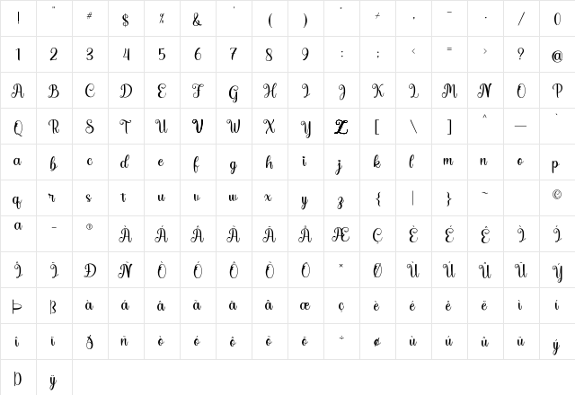 Bellanie Regular  glyph index