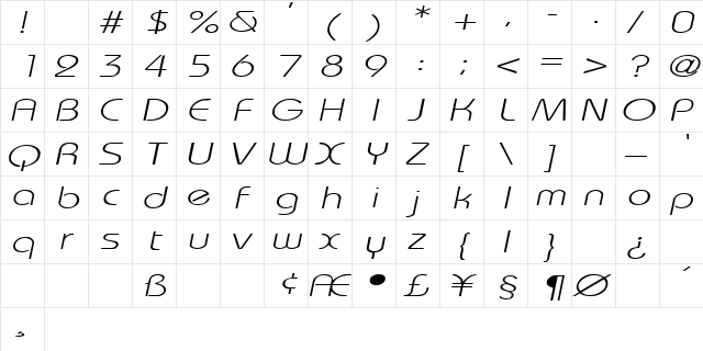 WashingtonMetroExtended Italic  glyph index
