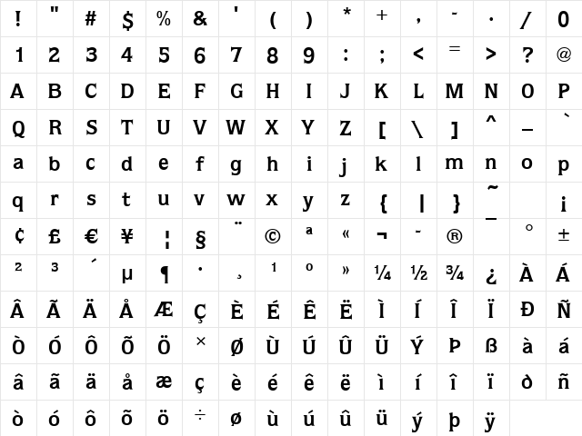 Quagga Bold  glyph index