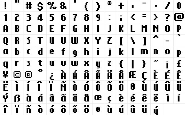 FFF Glorious Bold Regular  glyph index