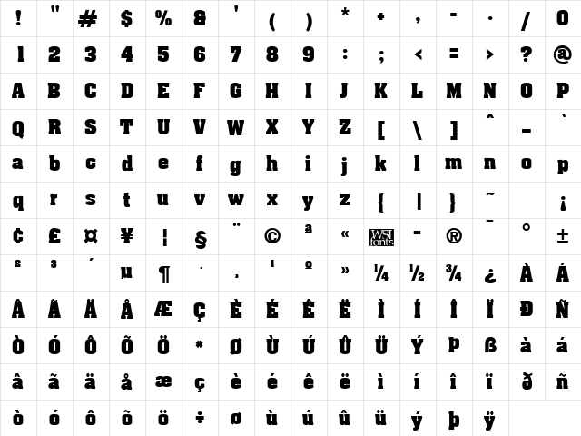 Acklin Regular  glyph index