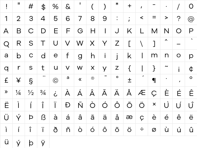 Galyon Regular  glyph index