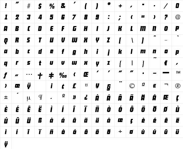 Dekodisplay-Italic Regular  glyph index