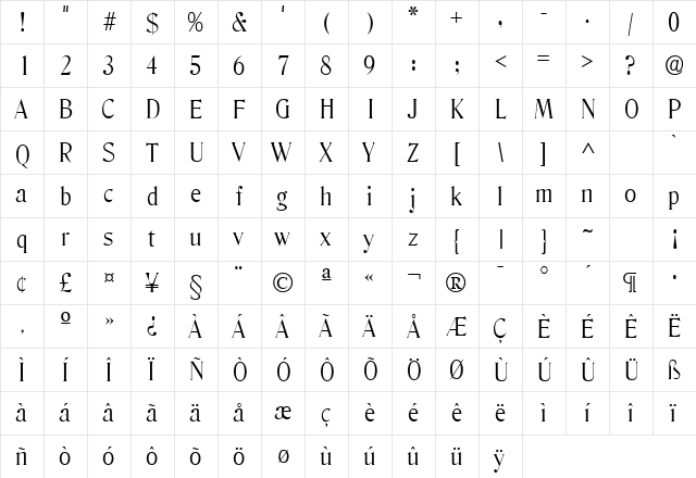 Blue Ridge Light SF Regular  glyph index