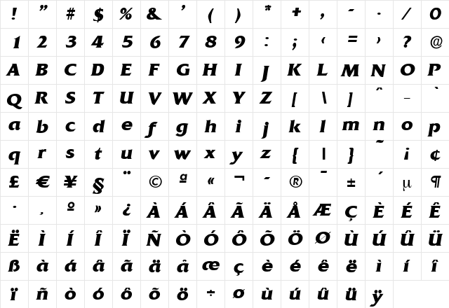 DennisBecker-ExtraBold Italic  glyph index