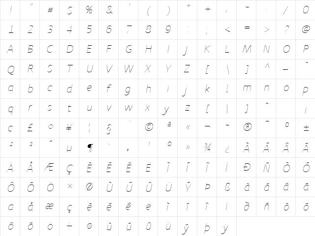 SpeakTF-LightItalic Regular  glyph index