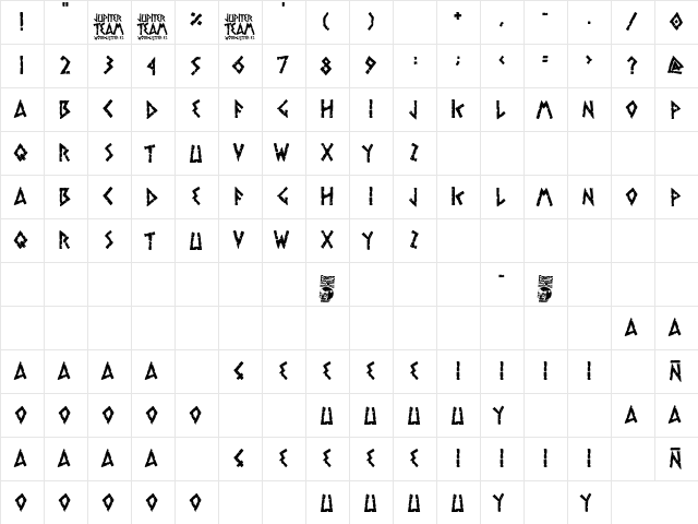 jupiter team Regular  glyph index