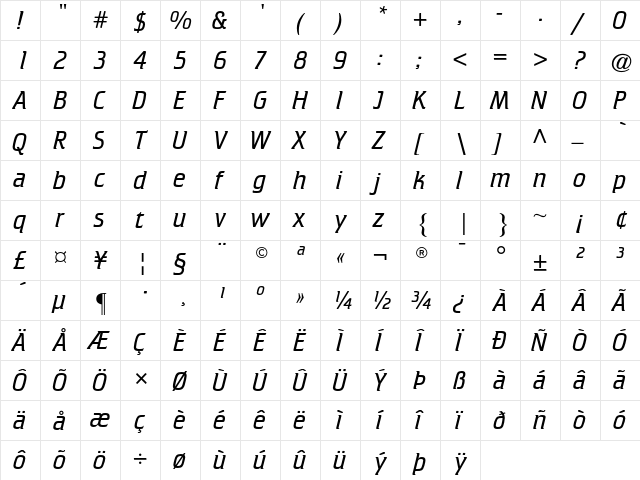 Crillee AT Light Italic Regular  glyph index