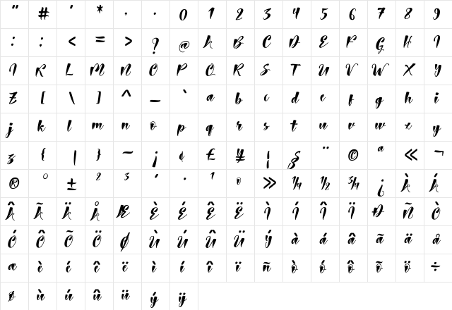 Battal free Regular  glyph index