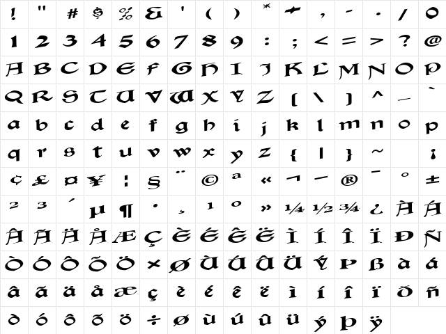 Beach Regular  glyph index