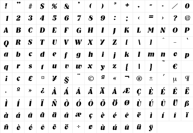 Nashville-BoldIta Regular  glyph index