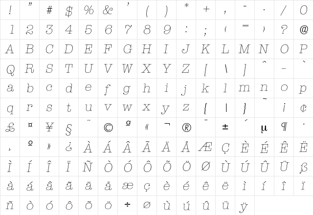 Typewriter-XlightIta Regular  glyph index