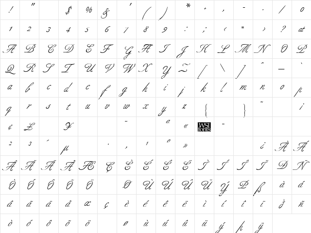 AllureScript Regular  glyph index