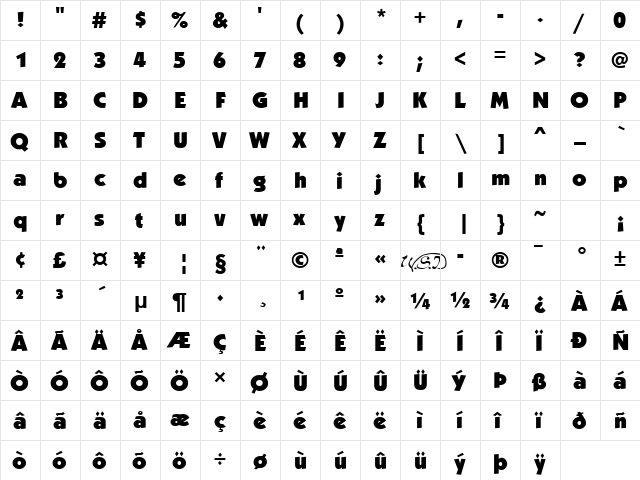 Kabob Black Regular  glyph index