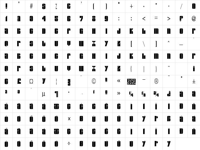 GroverThin Regular  glyph index