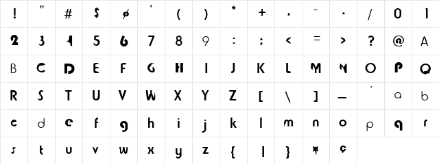 tjockebo Regular  glyph index