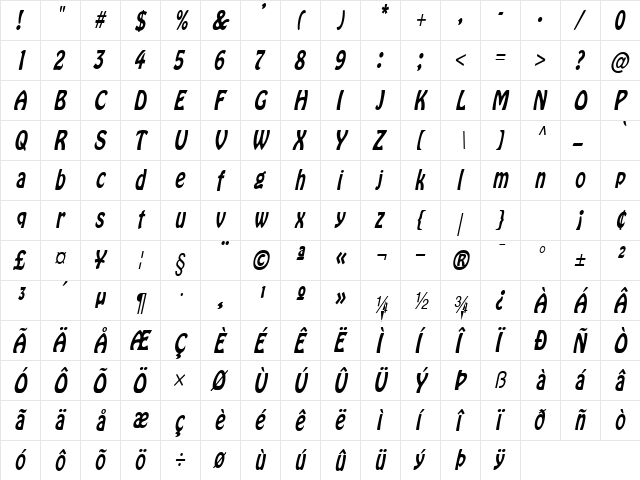 Bobo Thin Italic  glyph index
