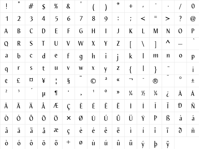 Nautilus LT Roman Regular  glyph index