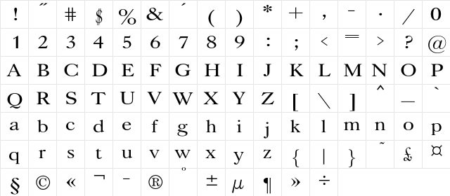 Caslon Regular  glyph index