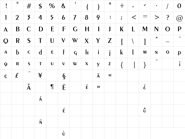 Custard Pie 20 Regular  glyph index