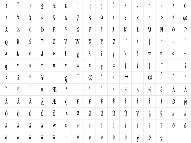 QuetzalcoatlCondensed Regular  glyph index