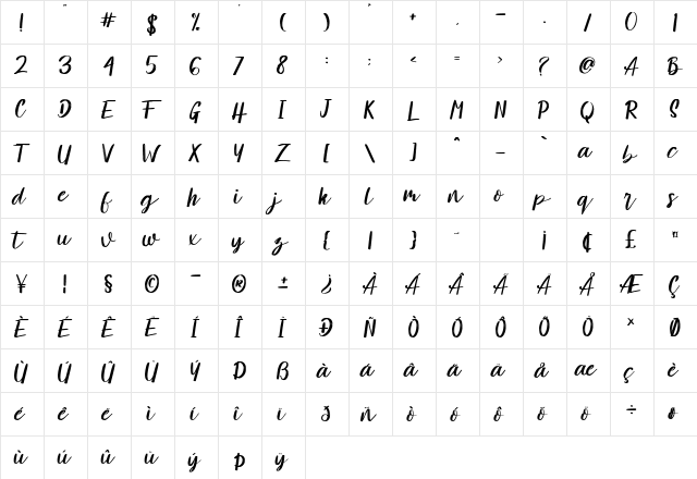 Amelliz Regular  glyph index