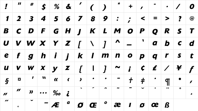 ExtensionBoldItalic Regular  glyph index