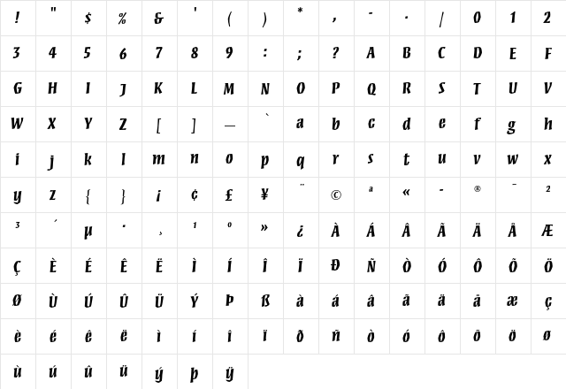 Mezz Bold  glyph index