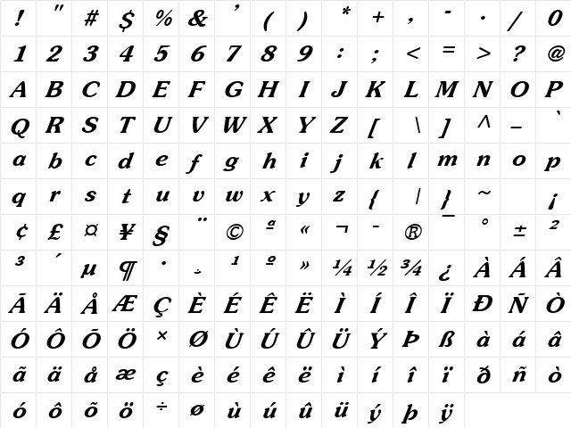 Sojourn Italic  glyph index