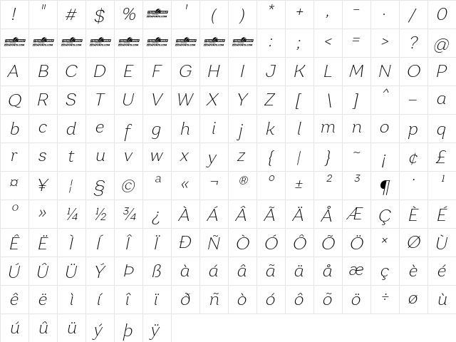 Garbata Trial Extralight Italic  glyph index