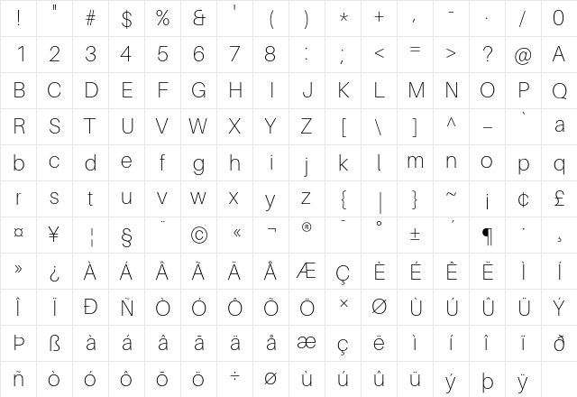 Aileron Thin Regular  glyph index