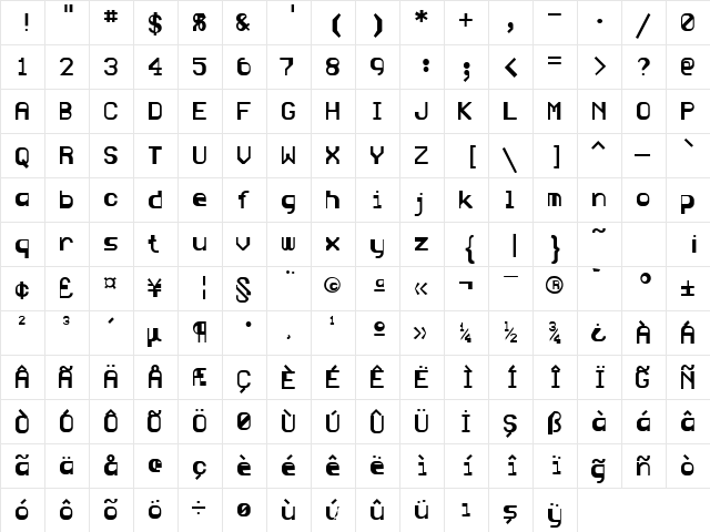 TR Blue Regular  glyph index