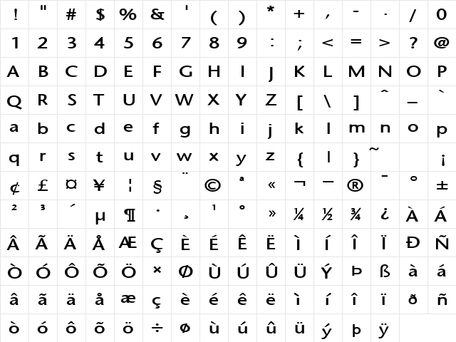 Optimist-Extended Bold  glyph index