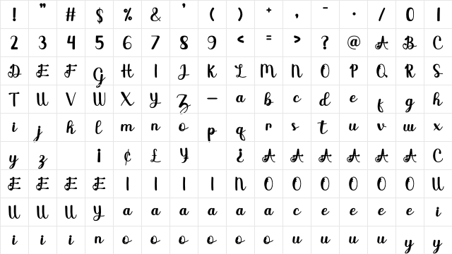 Beach Regular  glyph index