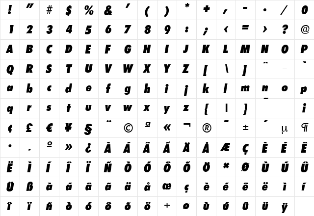 LimerickCdSerial-Heavy Italic  glyph index