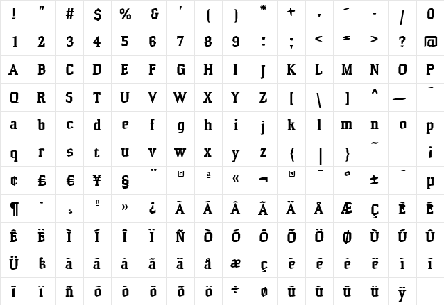HammerheadBold Regular  glyph index