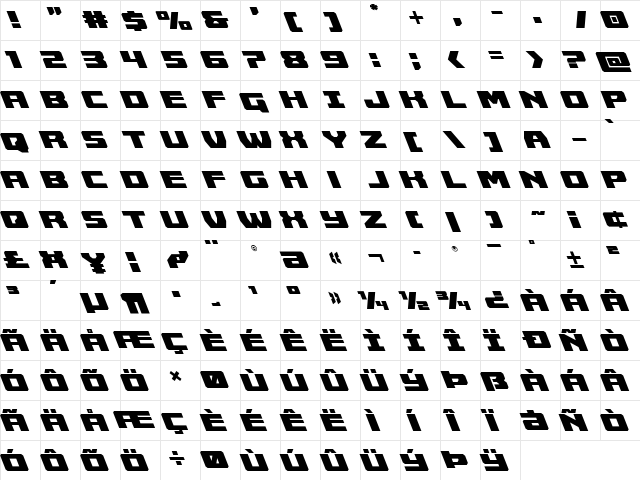 Cruiser Fortress Leftalic Italic  glyph index