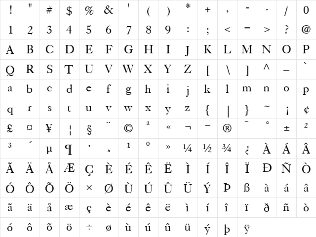 Caslon540Roman Roman  glyph index