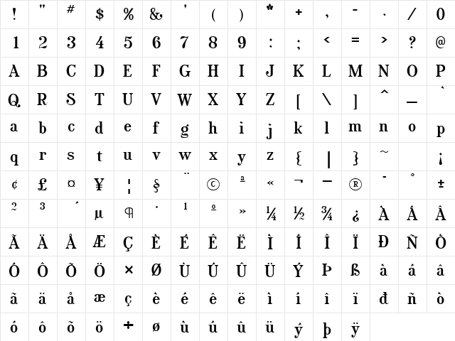 Rataczak Bold  glyph index