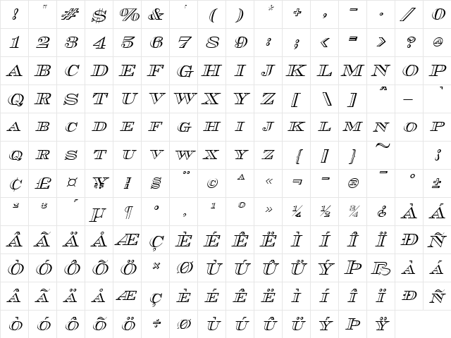 Cash Outline Italic  glyph index