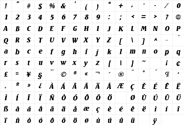 Seagull Bold Italic  glyph index