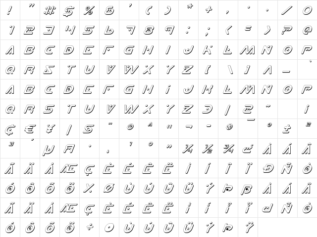 Planet X Shadow Italic Shadow Italic  glyph index