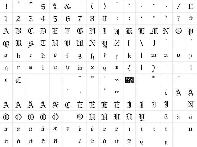 MirkwoodGothicBroad Regular  glyph index