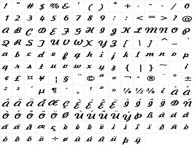 Jott 43 Extended Bold  glyph index