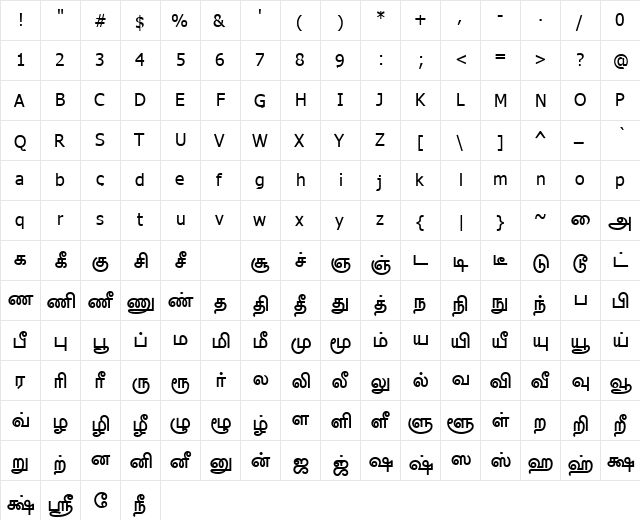 WebTamil Normal  glyph index