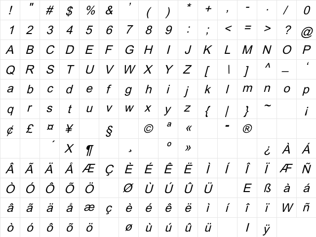 Dixon Italic Italic  glyph index