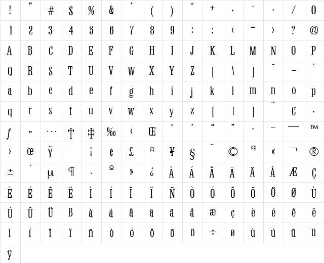 Colonel-Light Regular  glyph index