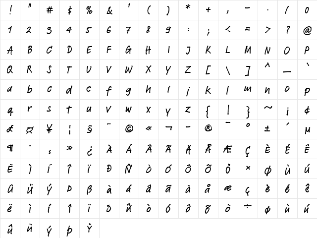 LTFeltpen Regular Bold  glyph index