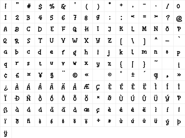 HONZO Regular  glyph index