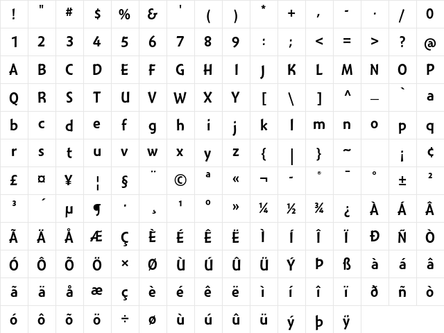 Montara Gothic  glyph index